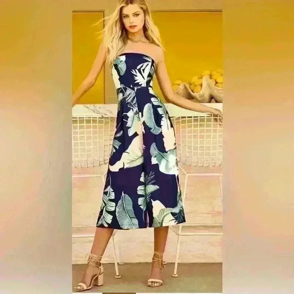 Lulu's Rainforest Blooms Navy Blue Print Strapless Midi Jumpsuit Women's Large